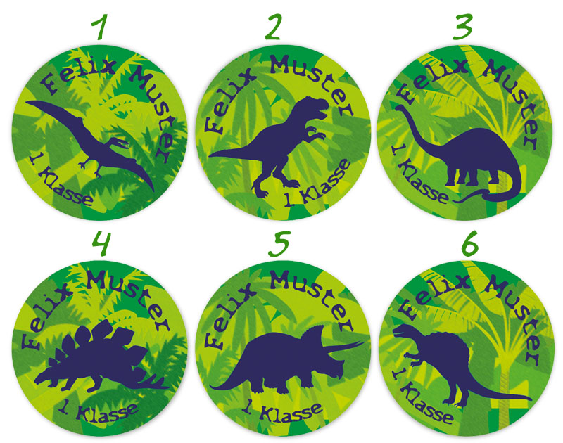runde Namensaufkleber - Motiv: Urwald Dinos mit T-Rex, Langhals, Flugsaurier, Triceratops und andere Dinosaurier, hochwertige, umweltfreundliche PVC-freie Folie