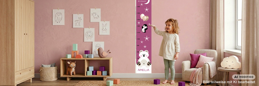 Mädchen im altrosa Kinderzimmer neben einer violetten Kindermesslatte mit Eisbär und Pinguin 