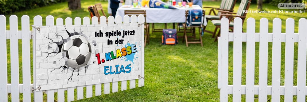 Personalisierbares Einschulungsbanner mit Fußball-Motiv am weißen Gartenzaun vor einer sommerlichen Einschulungsfeier.