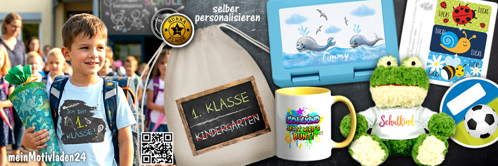 Personalisierte Geschenke & Shirts zum Schulanfang wie Tasse, Brotdose, Sportbeutel und Aufkleber von meinMotivladen24.