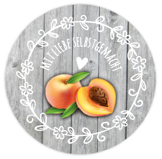 Einmachetiketten - Konfitüre - mit grauem Holzhintergrund, weißen Blumenornament und Herz mit Pfirsichen - Text: Mit Liebe selbstgemacht