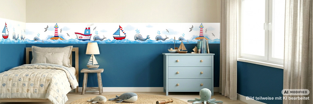 Ein maritim eingerichtetes Kinderzimmer mit einer handgemalten Wandbordüre - Wale, Leuchttürme und Schiffe auf dem Meer.