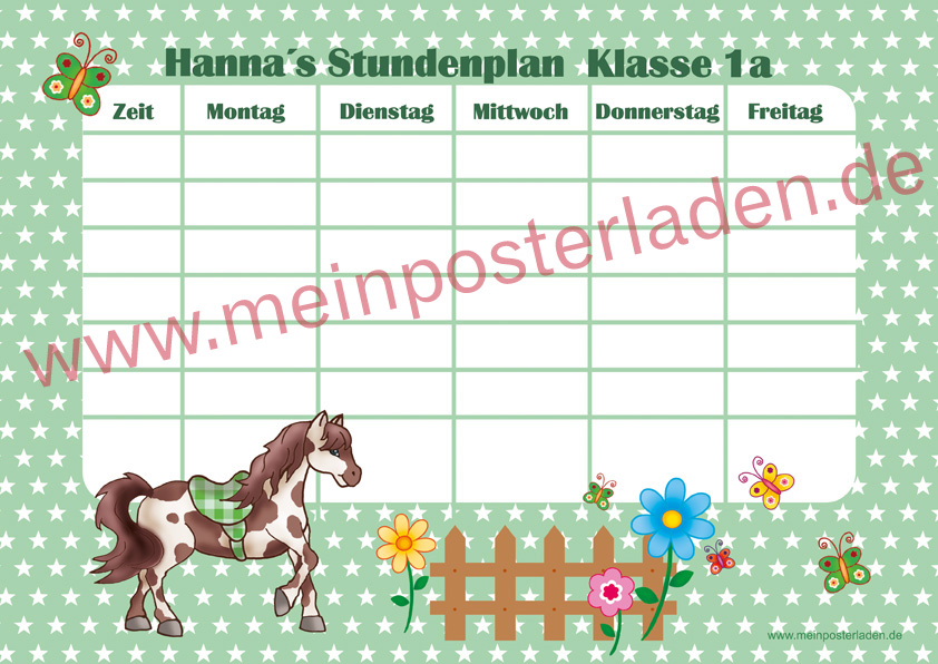 A4 Stundenplan mit Sternchen in hellgrün mit niedlichen Pony , Blumen und Schmetterlingen, optional wiederbeschreibbar