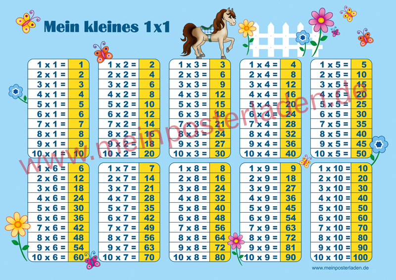 1 x 1 Lernposter für die Grundschule mit Pferd und Blümchen, optional laminiert