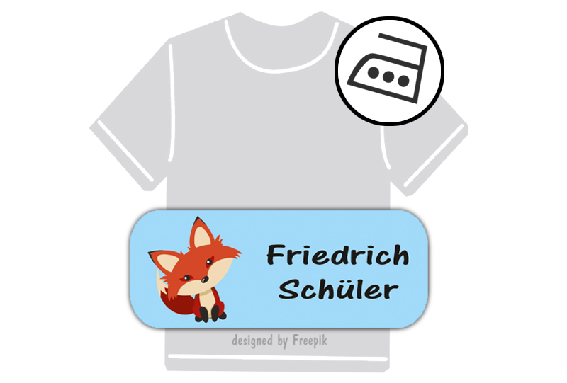 dauerhafte Bügeletiketten mit Namen für Kindergarten u. Schule - PVC frei -  Motiv: Fuchs