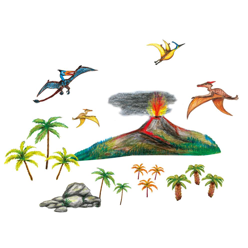Wandtattoo-Set: Urzeit Dinos mit vielen Flugdinos und einem Vulkan - 17 teilig