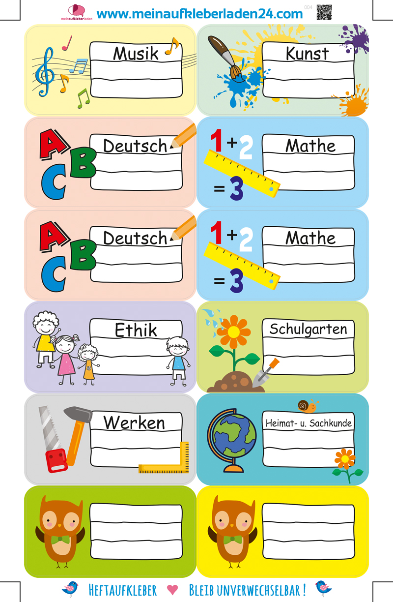 Heftaufkleber für die Grundschule zum selber beschriften - Motive passend zu den Unterrichtsfächern - Musik, Kunst, Deutsch, Mathe, Ethik oder Religion, Schulgarten, Werken, Heimat-und Sachkunde  - hochwertige, umweltfreundliche PVC-freie Folie