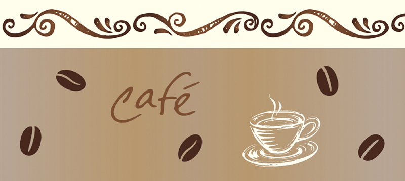 selbstklebende Vliesbordüre mit verschiedenen Kaffeemotiven, Kaffeebohnen, Kaffeetassen, umweltfreundlich 