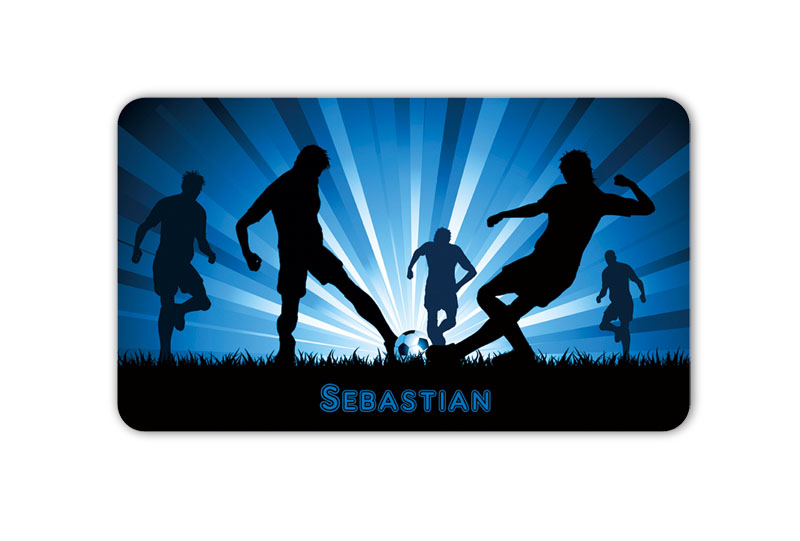 Brotdosenaufkleber 12 x 7 cm  - Motiv: Fußballspieler - hochwertige PVC-freie Folie, ungiftige Farben - mit Namen personalisierbar