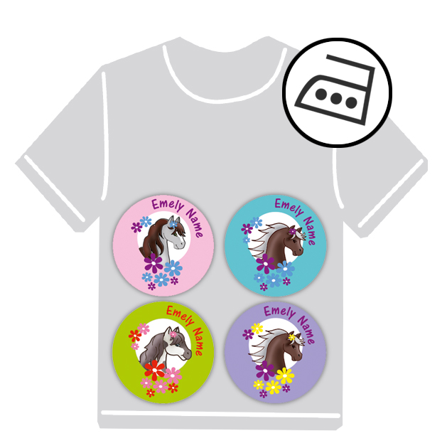 dauerhafte runde Bügeletiketten - auch personalisierbar mit Namen oder Initialen - für Kindergarten u. Schule - PVC frei -  Motiv: Pony mit Blumen