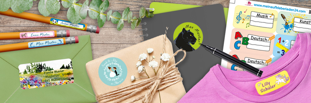 Verschiedene Aufkleber & Etiketten für Schulsachen, Textilien, Events wie Hochzeit, Einschulung und Adressaufkleber.