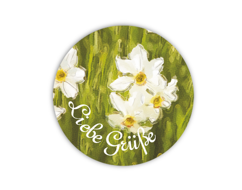 Geschenkaufkleber - "Liebe Grüße" weiße Narzisse -  im Aquarellstil - für Dankesbriefe, Briefe, Geschenke, Einladungen und kleinen Aufmerksamkeiten im Alltag