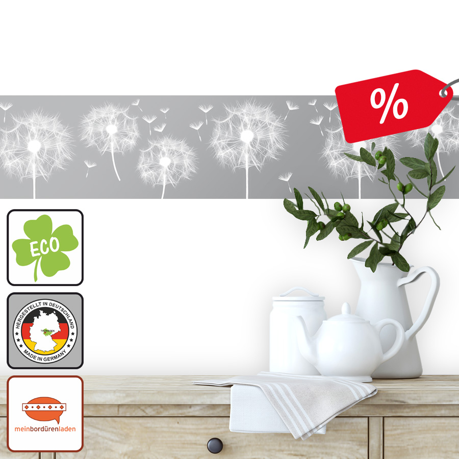  umweltfreundliche Vliesbordüre mit weißen zarten Pusteblumen auf grauem Hintergrund - Sale - Restposten - Ausverkauf - große Rabatte
