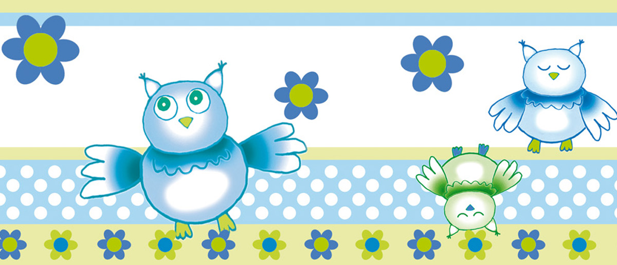 fröhliche Kinderbordüre mit Kleinen Eulen, Blumen und Punkten in pastelligen Farben - grün blau
