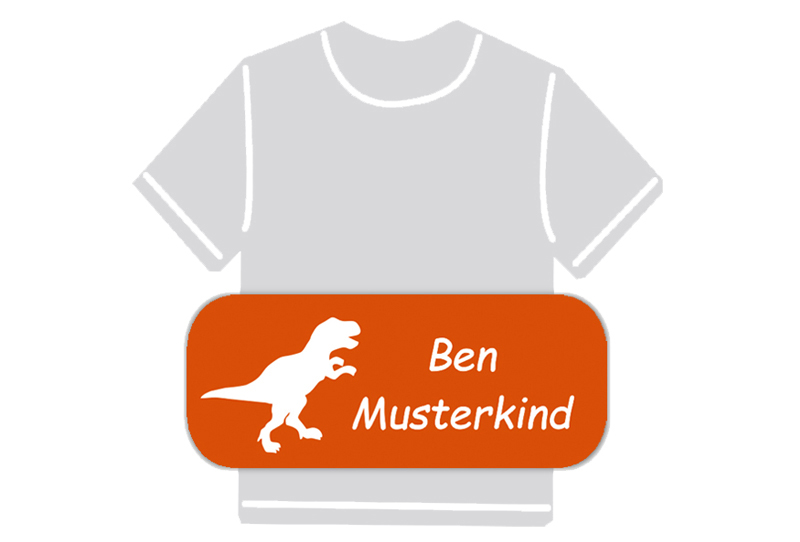 dauerhafte Bügeletiketten mit Namen für Kindergarten u. Schule - PVC frei -  Motiv: T-Rex
