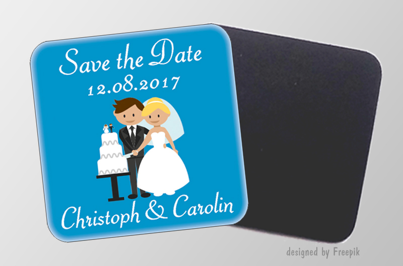 Save the Date -personaliserbare Magnetbilder- quadratisch - Motiv: Hochzeitspaar mit Torte, für Hochzeiten, Einladungen, Gastgeschenke 