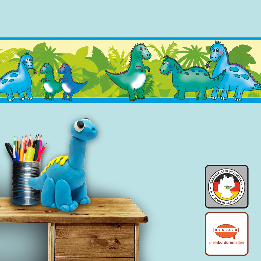 niedliche selbstklebende Dino Wandbordüre für kleine Kinder, freundliche blaue Dinos auf grünem Urwald-Hintergrund