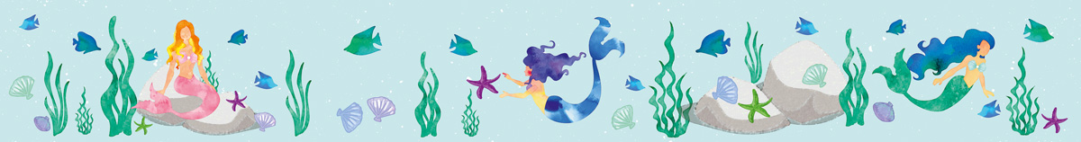 Kinderbordüre mit Meerjungfrauen, Muscheln, Fischen u. Seesternchen in Aquarellart in dezenten Farben: aqua, lila, blau. rosa, petrol