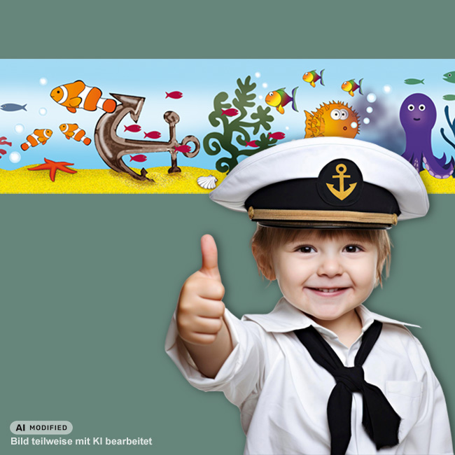 Maritime Vliesbordüre als Wanddeko hinter einem lächelnden Jungen im weißen Matrosenanzug mit Kapitänsmütze.