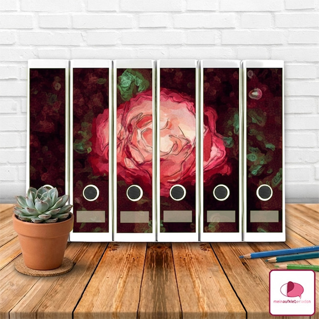 Romantische Ordnerrückenaufkleber mit einer roten Rose im Aquarelldesign - Panoramamotiv für breite Ordner