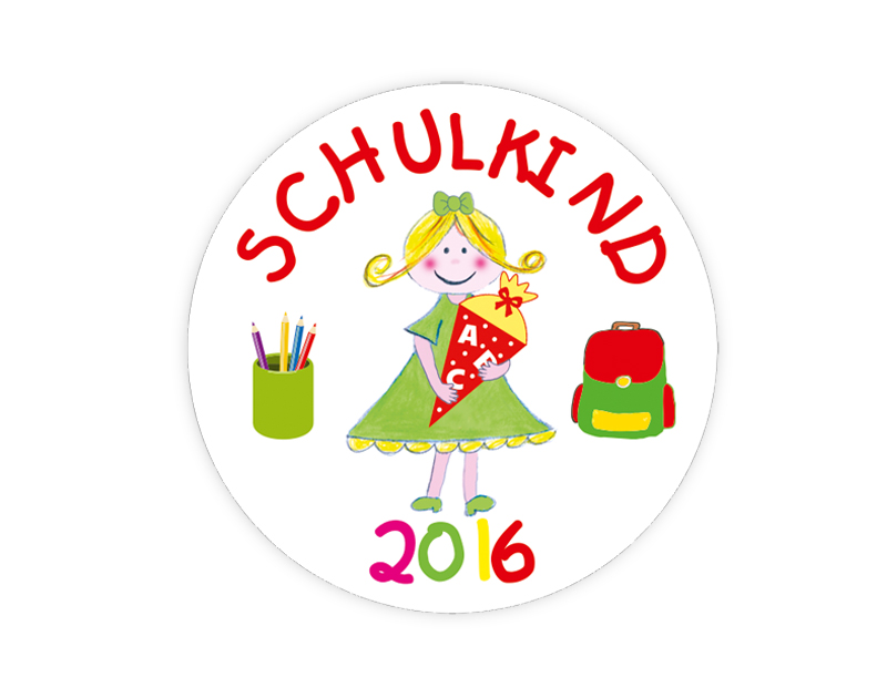 Aufkleber für die Einschulung: Schulkind - Mädchen - personalisierbar mit Wunschtext - als Gastgeschenk, für Einladungen, Schulanfang, Einschulung, 