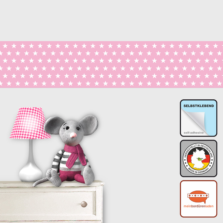 selbstklebende Vlies Bordüre für Kinder mit kleinen weißen Sternchen auf rosa Hintrgrund 
