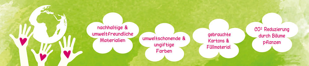 wir drucken mit nachhaltigen & umweltfreundlichen Materialien, lösemittelfreie & ungiftige Farben, wir versenden mit gebrauchten Kartons & verwenden gebrauchtes Füllmaterial, wir reduzieren CO² durch Bäume pflanzen