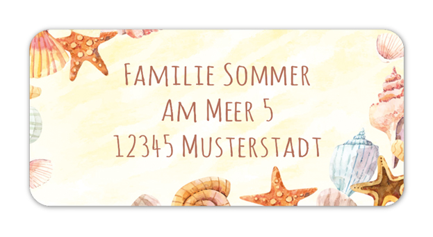 eckige Adressaufkleber mit Muscheln und Seesternen im Aquarell-Design, auf umweltfreundlichen PVC-freien selbstklebenden Papier, wasserfest