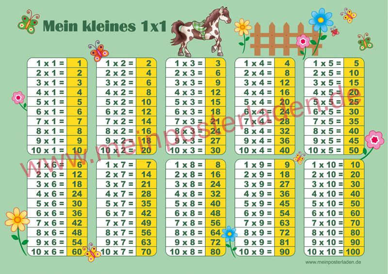 1 x 1 Lernposter für die Grundschule mit Pferd und Blümchen, optional laminiert