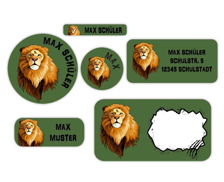 Schulaufkleber-Set - Motiv: Löwe - Namensaufkleber, Stifteaufkleber, Adressaufkleber, Heftaufkleber,  hochwertige, umweltfreundliche PVC-freie Folie