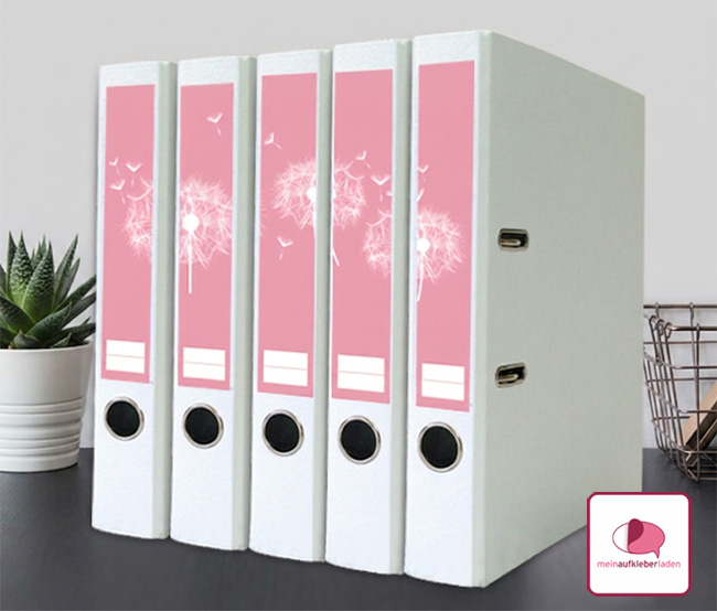 Rosa Ordnerrückenaufkleber mit weißen Pusteblumen - Panoramamotiv für schmale Ordner