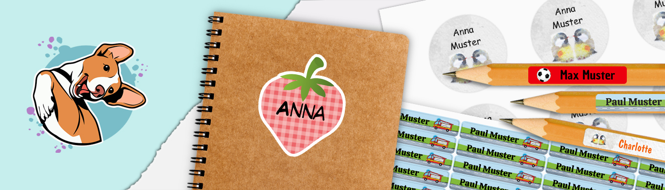 ein Shopbanner von meinMotivladen24 mit verschiedenen Beispiel Namensaufkleber für Kinder zum selber personalisieren