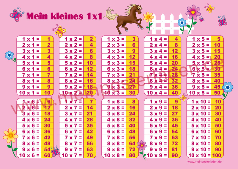 1 x 1 Lernposter für die Grundschule mit Pferd und Blümchen, optional laminiert