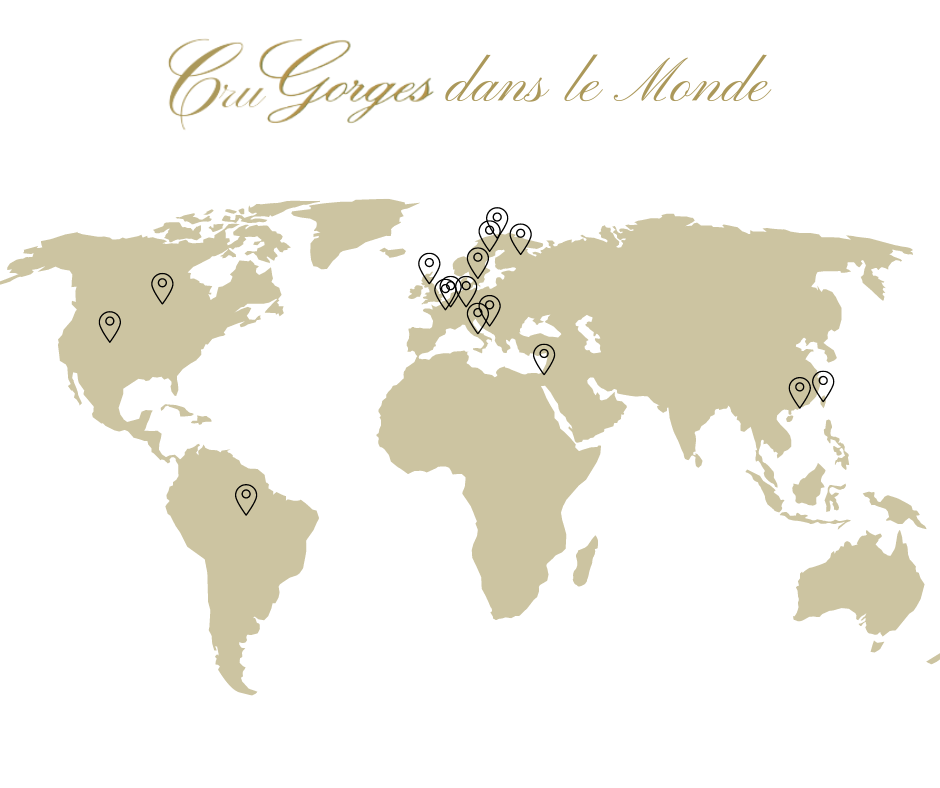 Cru Gorges exportation de vin dans le monde. Exportation de vin blanc en Italie, Autriche, Belgique, Allemagne, Europe, Danemark, Finlande, Norvège, Japon, Croatie, Israël, États-Unis, Brésil, Canada, Espagne, Portugal, Royaume-Unis, Irlande, Suisse