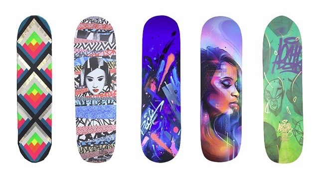 Planches de skate customisées par MAYA HAYUK - KENDO - MR CENZ entre autre pour City of talents à Toulouse.