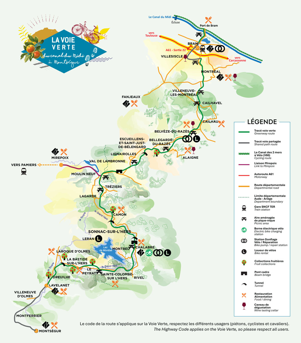Plan de la Voie Verte du Canal du Midi à Montségur - Voie Verte Bram Lavelanet - Aude - Pyrénées Audoises