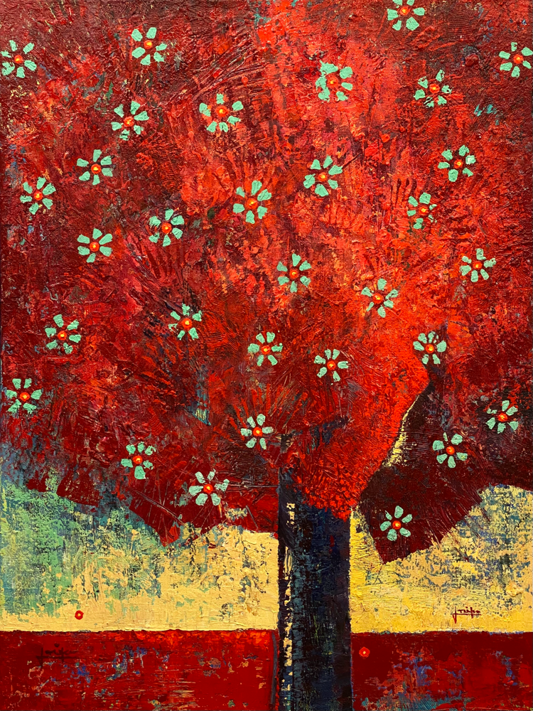 Baum in voller Blüte, 2023, 80 × 60 cm, Acryl/LW