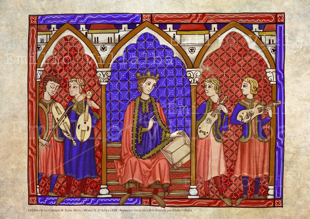 Versión de una de las ilustraciones del códice de Las Cantigas de Santa María, de Alfonso X El Sabio, (s.XIII)