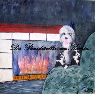 "Die Bearded Collies am Kamin" (Acryl) Dieses Gemälde ist auch in  meinem Roman " Die Tänzerin und ihr Hund" enthalten.