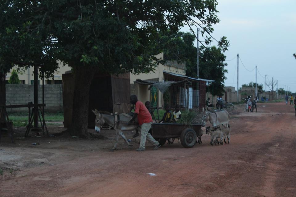 Alltag: Ein Vater mit seinen Kindern kommt abends von der Arbeit auf dem Feld nach Hause.