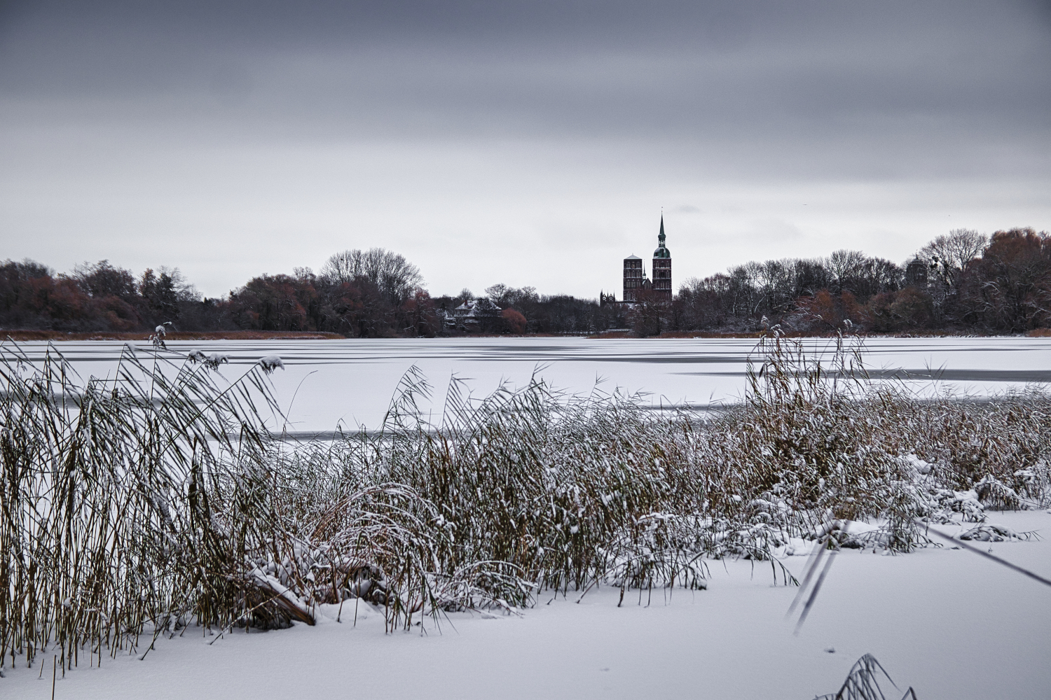 Blick über den Moorteich auf die Altstadt von Stralsund.