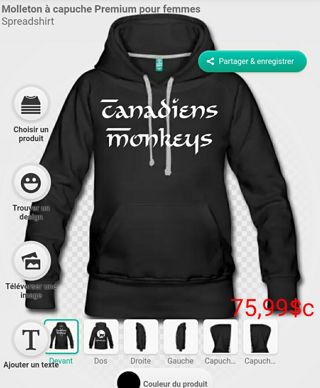 Chandail à capuche chaud premium pour femme canadiens monkeys 75,99$c
