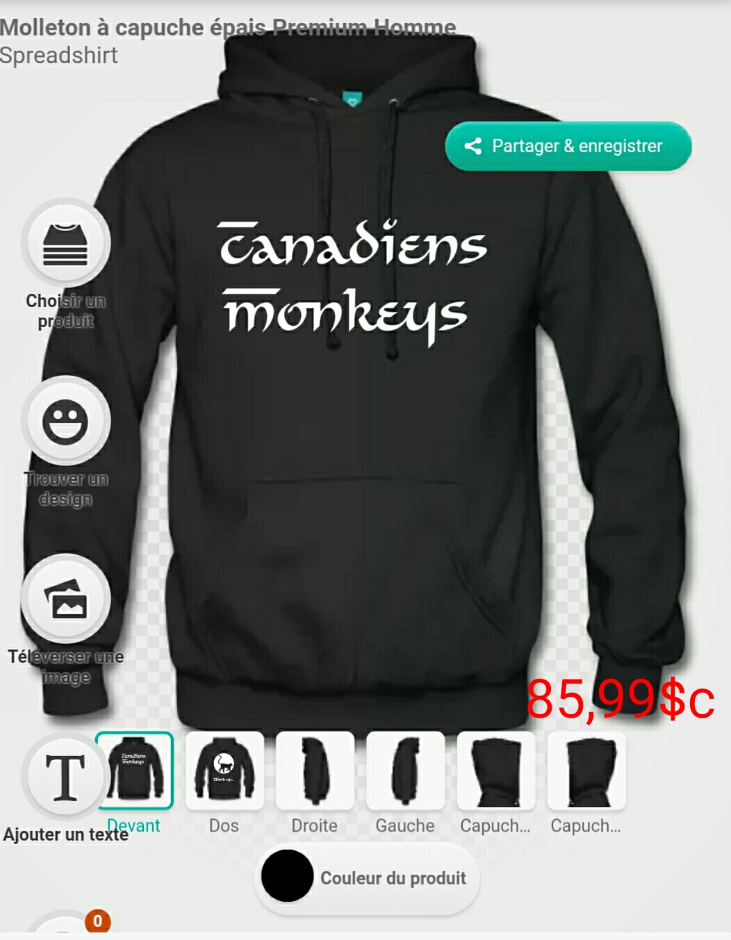 Chandail premium à capuche chaud pour homme canadiens monkeys 85,99$c