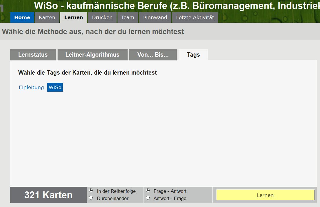 Ihre Karten in der Browser/Web-Version (hier sehen Sie den Lernmodus "Lernen nach Tags", also nach „Fächern“)