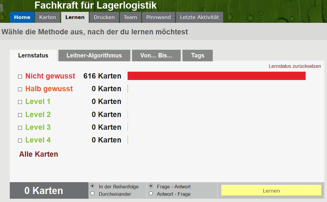 Ihre Karten in der Browser/Web-Version (hier sehen Sie: "Lernmodus wählen")