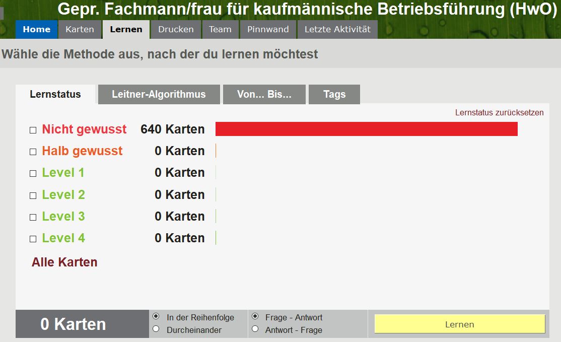 Ihre Karten in der Browser/Web-Version (hier sehen Sie: "Lernmodus wählen")