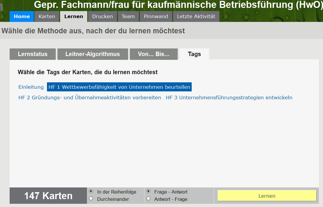 Ihre Karten in der Browser/Web-Version (hier sehen Sie den Lernmodus "Lernen nach Tags", also nach „Fächern“)