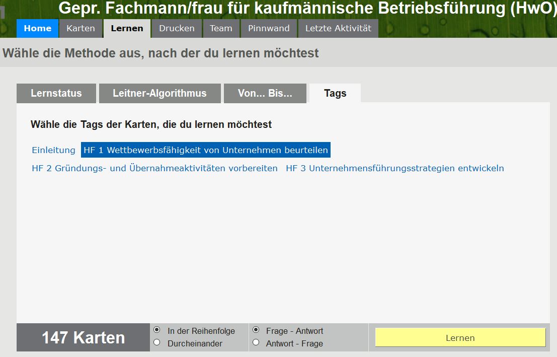 Ihre Karten in der Browser/Web-Version (hier sehen Sie den Lernmodus "Lernen nach Tags", also nach „Fächern“)