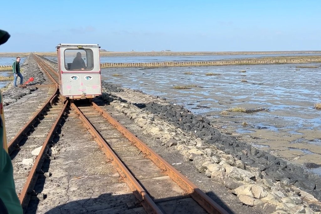Zur Hallig kommt man mit dem Schiff oder auf einer Lore, die mitten durchs Watt fährt.