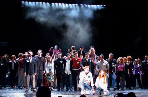 The original and final casts rehearse for the final performance encore (Nick is in the center, brown coat) May 17th 2003